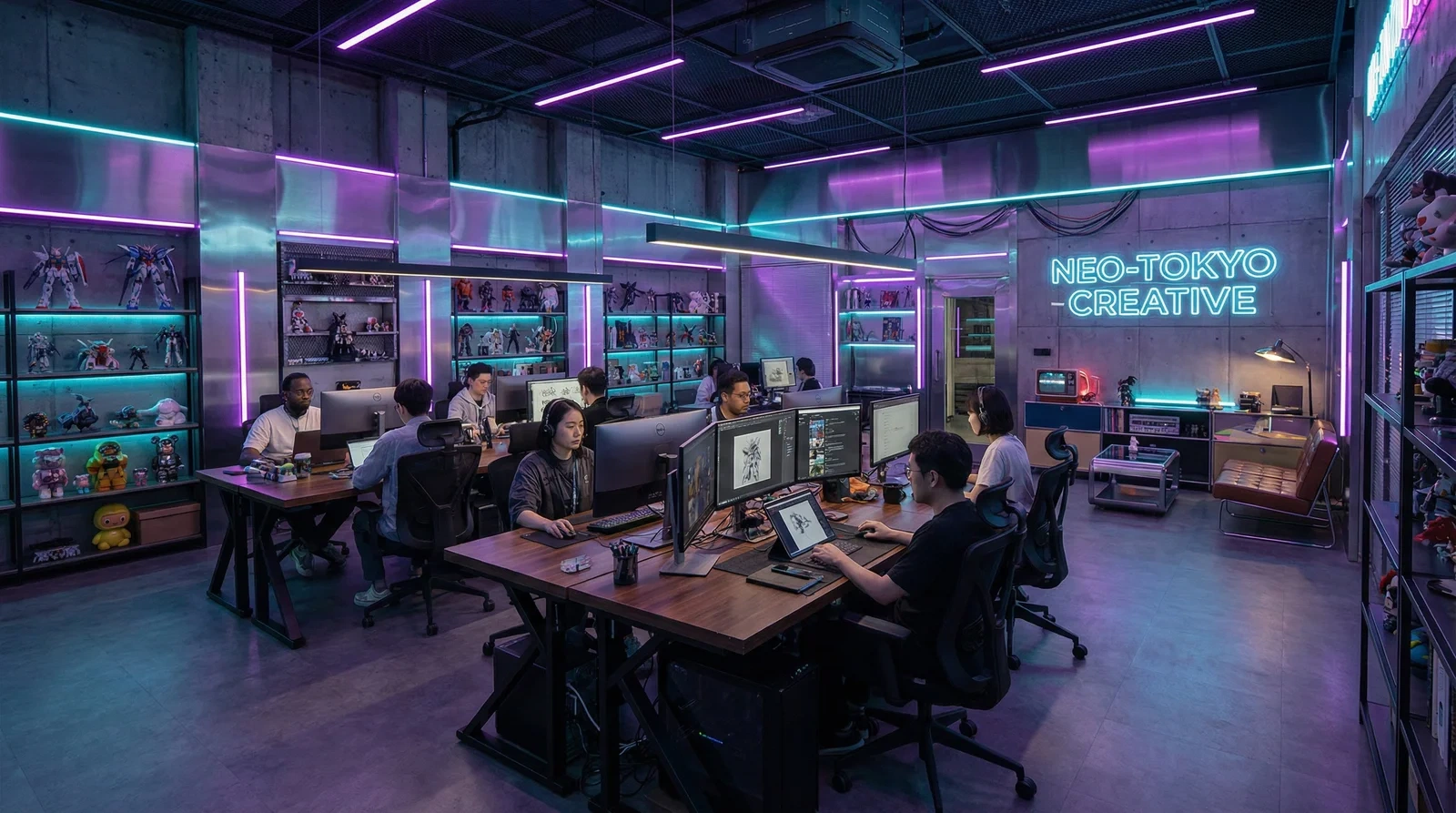 小女孩团队赛博朋克风格创意办公室环境